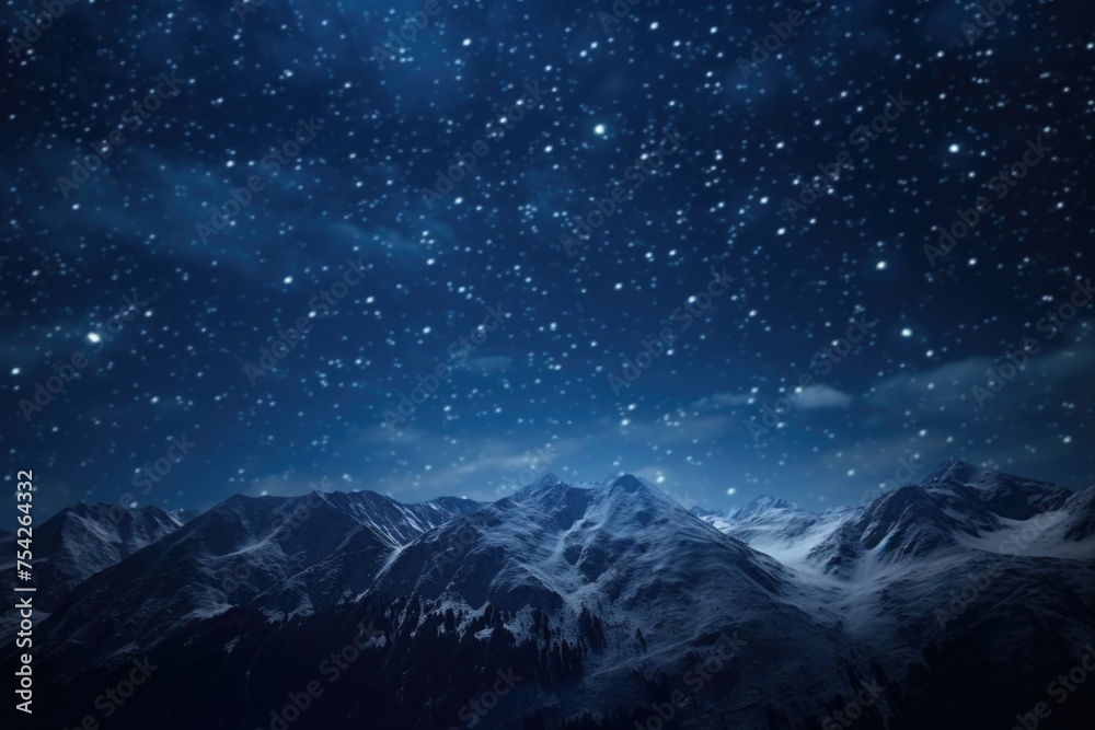 Stunning night sky with stars above majestic mountain range. Perfect for astronomy or nature backgrounds