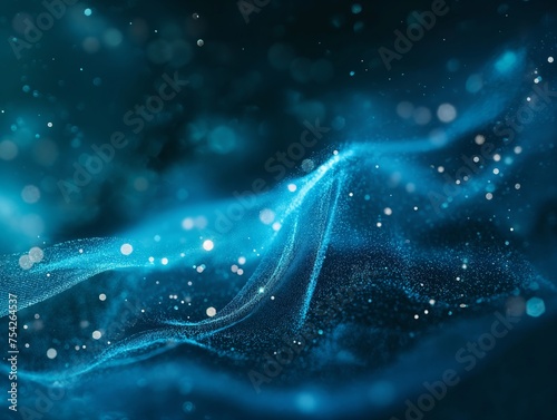 Ethereal blue waves with sparkling particles against a dark background, conveying a sense of technology or magic.