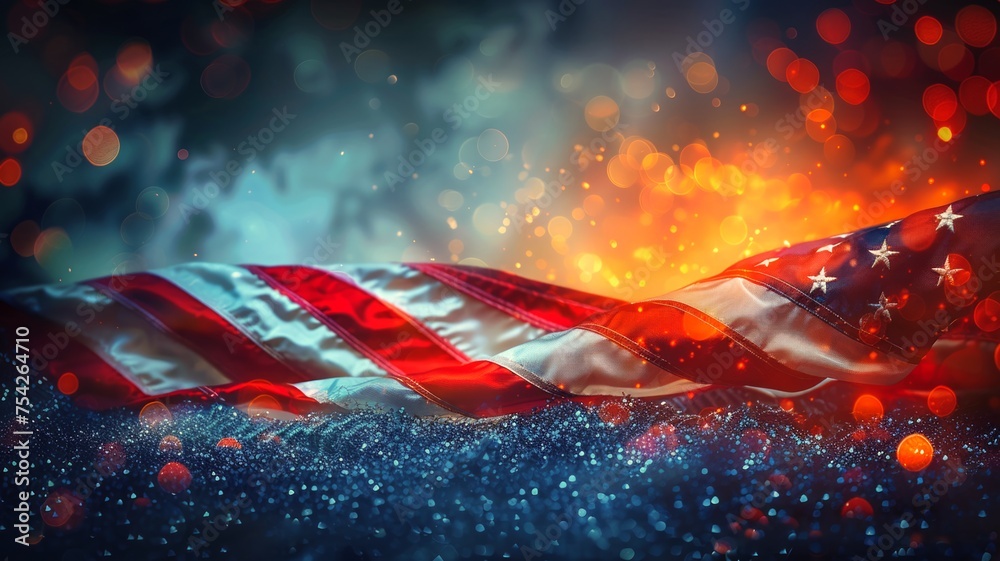 American flag with sparkling bokeh lights representing celebration and national pride - obrazy, fototapety, plakaty 