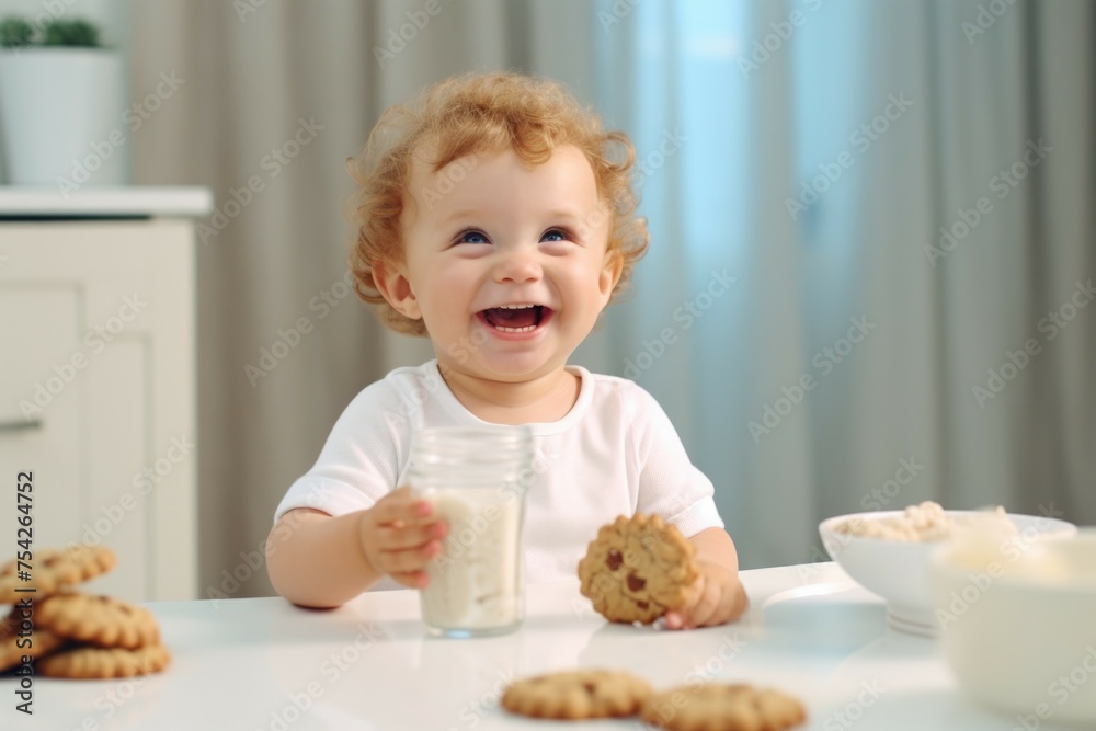 A baby sitting at a table with cookies and a glass of milk. Suitable for food and family concepts A baby sitting at a table with cookies and a glass of milk. Suitable for food and family concepts