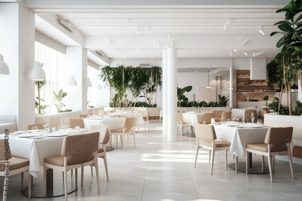 A bustling dining room filled with tables and chairs. Ideal for restaurant and hospitality industry concepts A bustling dining room filled with tables and chairs. Ideal for restaurant and hospitality industry concepts