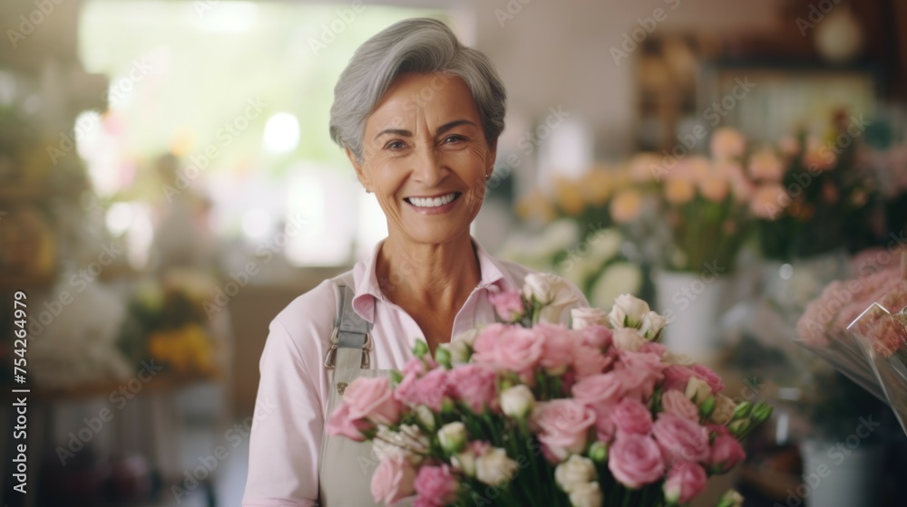 A woman holding a bunch of pink and white flowers. Suitable for various occasions