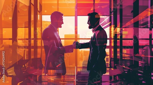 Silhouetted businessmen handshaking in modern office setting  conceptual corporate agreement visualization. professional networking. AI