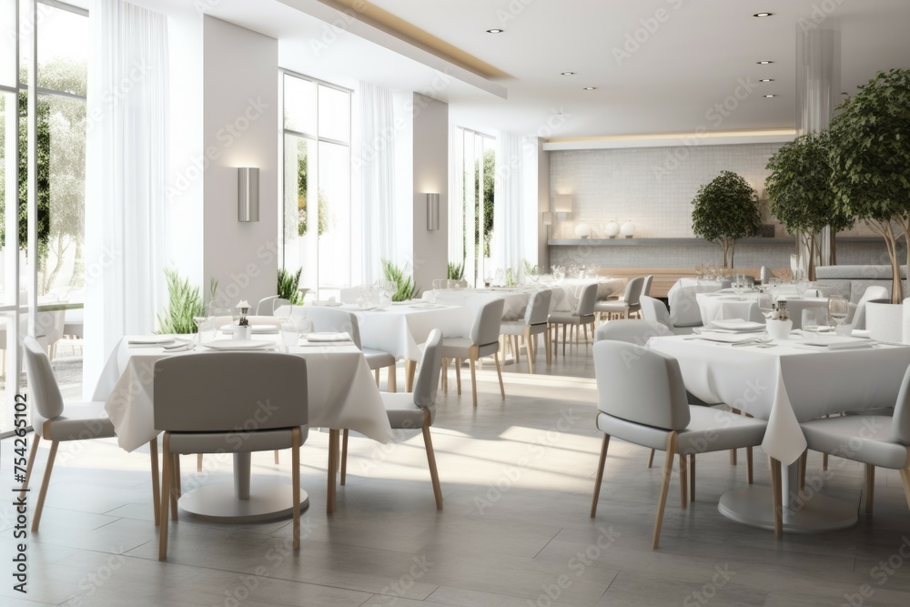 Fototapeta premium A crowded dining room with many tables and chairs. Suitable for restaurant or hospitality concepts