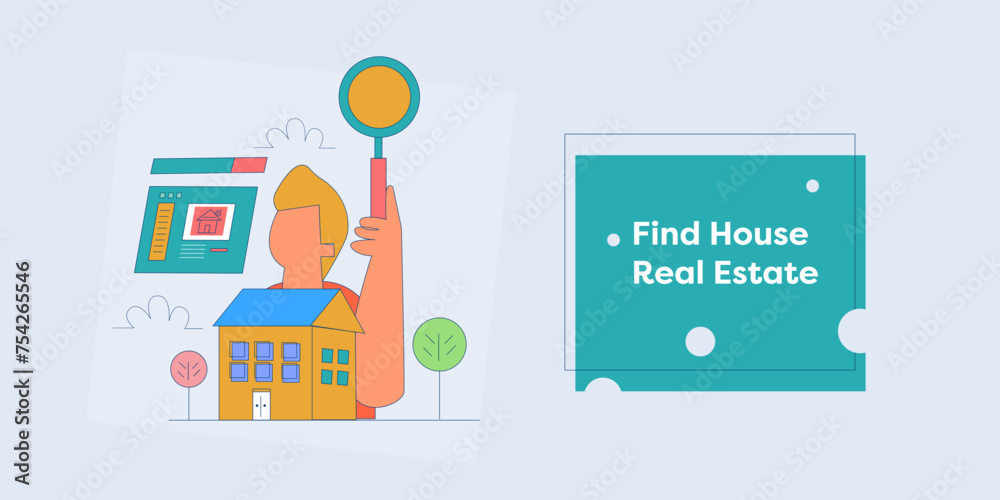 People searching for real estate property online, Real estate agent selling property through online booking, Real estate company displaying houses, apartments and property, vector illustration People searching for real estate property online, Real estate agent selling property through online booking, Real estate company displaying houses, apartments and property, vector illustration