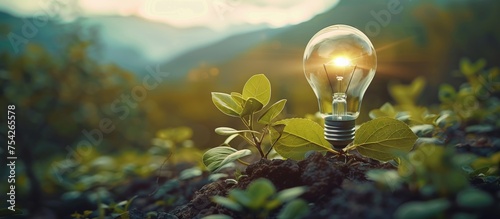 Solar lighting nurture plant growth in lamp bulb, harmonizing with trees on green background. image captures greenery against mountain backdrop, green technology, innovation, startup or idea concept. photo