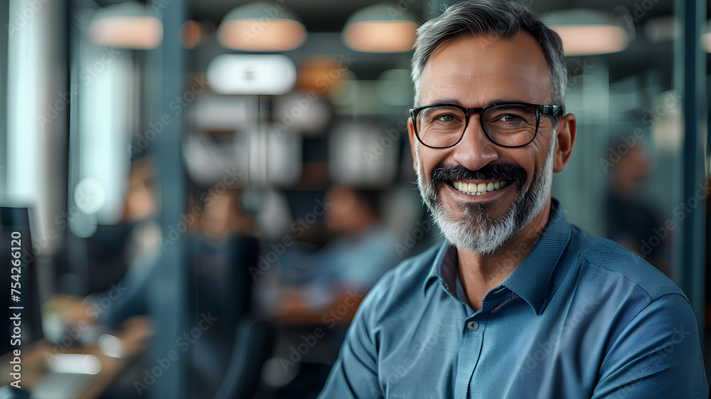 Senior Businessman Smiling in Office Setting
. Confident senior professional with a friendly smile in a modern office environment, embodying experienced leadership.
