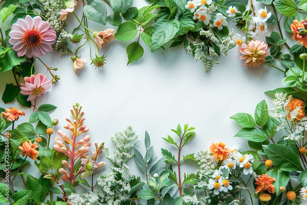 The pure white copy space in the center of the screen is surrounded by colorful flowers. Mockup concept.