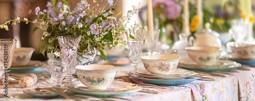 Spring Has Sprung: Delightful Easter Table Setting with Bunny Motifs and Soft Pastel Hues photo