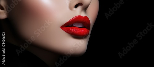 A close-up view of a beautiful young models face with vibrant red lipstick, showcasing her creative lips makeup. The focus is on the details of the lipstick application against a black background. © TheWaterMeloonProjec