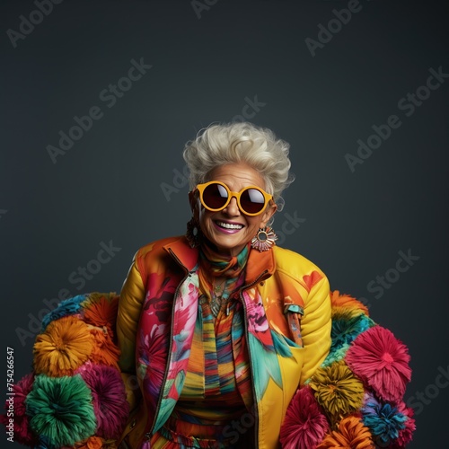 The woman wears vibrant jacket and sunglasses, adding flair to her style
