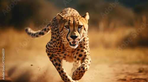 Fast cheetah with black dots runs in savanna valley © khan