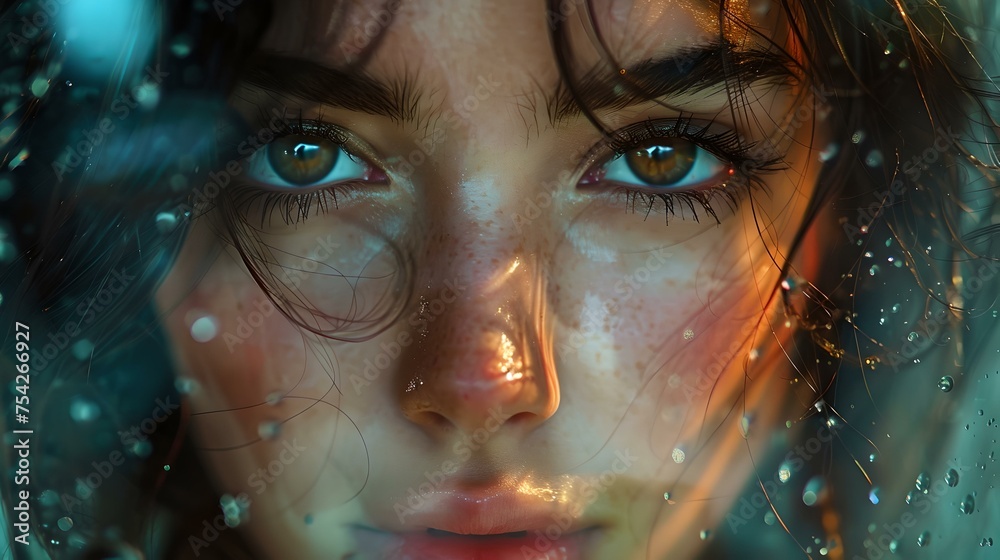 Close-up portrait of a woman gazing through raindrops on glass. captivating eyes, intimate mood, artistic expression in photography. AI Close-up portrait of a woman gazing through raindrops on glass. captivating eyes, intimate mood, artistic expression in photography. AI