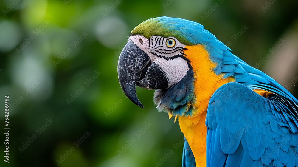 Portrait of a blue macaw Ara macao close up view. generative ai