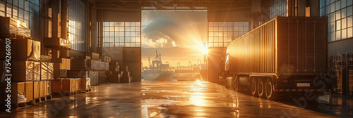 A truck is loading boxes inside the warehouse  with sunlight shining through the windows    industry warehouse logistics and transport