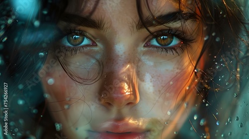 Close-up portrait of a woman gazing through raindrops on glass. captivating eyes, intimate mood, artistic expression in photography. AI