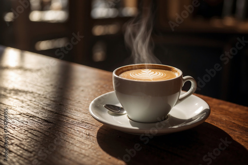 Frisch gebrühter Cappuccino mit Latte Art auf Holztisch im Morgenlicht