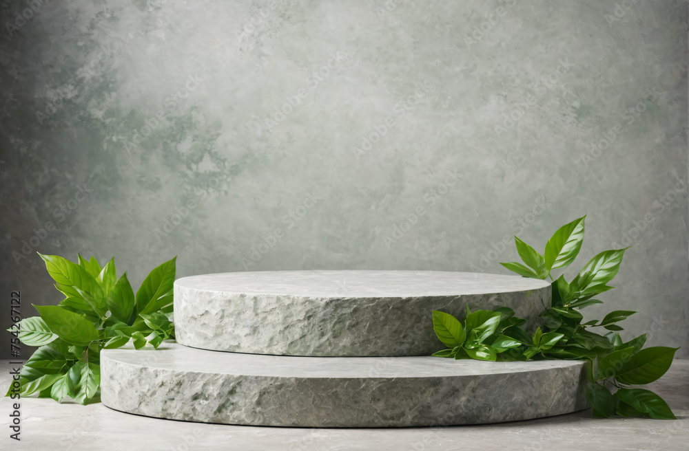 natural stone podium with green leaves, empty background for product presentation concept natural stone podium with green leaves, empty background for product presentation concept