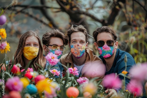 A Festive Easter Meetup: Friends Embrace the Holiday Spirit with Themed Face Masks and Springtime Joy