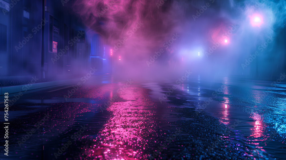 Neon Lights Reflecting on Wet Urban Streets
. A city street bathed in neon lights and mysterious fog, with reflections glistening on the wet asphalt surface.
