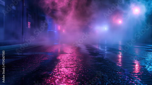 Neon Lights Reflecting on Wet Urban Streets . A city street bathed in neon lights and mysterious fog, with reflections glistening on the wet asphalt surface.  © phairot