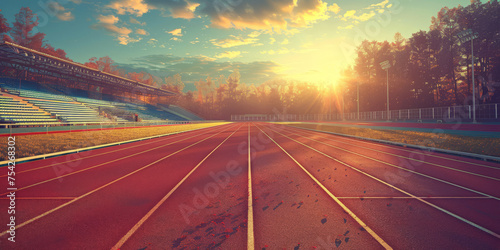 empty running track in stadium at sunset