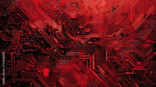 A vibrant red circuit board with electronic chipset technology, creating a dynamic wallpaper background for tech enthusiasts and digital professionals