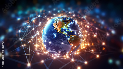 Illustration of digital earth with network lines and data points symbolizing global connectivity and information exchange on circuit board