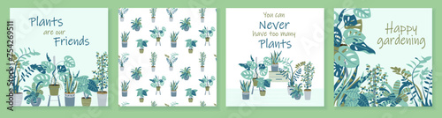 Beautiful set of cards with cute home plants in flowerpots. Set of different indoor houseplants in pots modern illustrations. Universal vector template design for banner, invitation, social media post