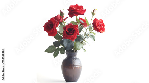 red roses in vase isolated on white background.