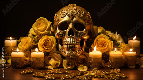 Gold skull with candles and flowers  day of the dead