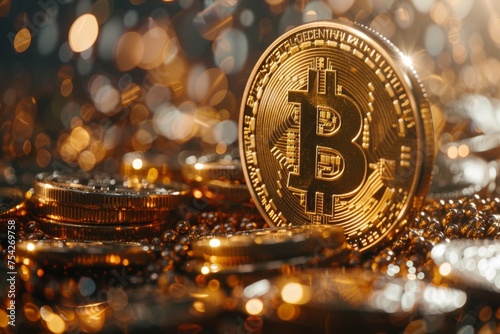 golden glowing bitcoin coin on the background of a pile of money.