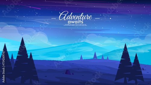 Vector night landscape. Flat style illustration. Bright mountains with hills and trees. Beautiful sky with stars and comets. 
