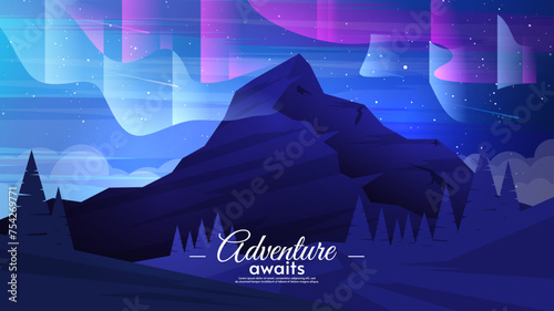 Aurora borealis landscape with mountain, hills, forest and road. Design for background, wallpaper, banner.