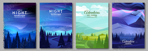 Set of poster flat style landscape. Vector illustration. Forest with hills. Aurora borealis. Greeting poster. Design for poster, banner, invitation.