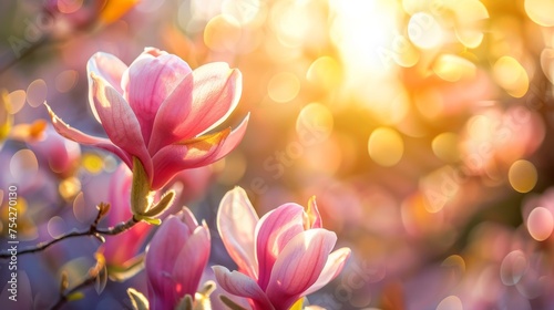 Delicate pink magnolia flowers in bloom, soft focus background with light bokeh, symbolizing spring and renewal.