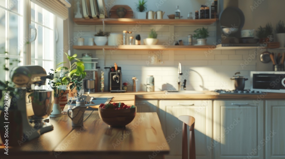 Modern kitchen with white cabinetry, wooden countertops, and open shelving adorned with plants and jars, creating a cozy and natural atmosphere. Modern kitchen with white cabinetry, wooden countertops, and open shelving adorned with plants and jars, creating a cozy and natural atmosphere.