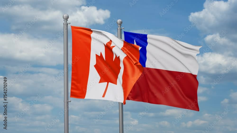Chile and Canada two flags waving together, looped video, two country relations concept
