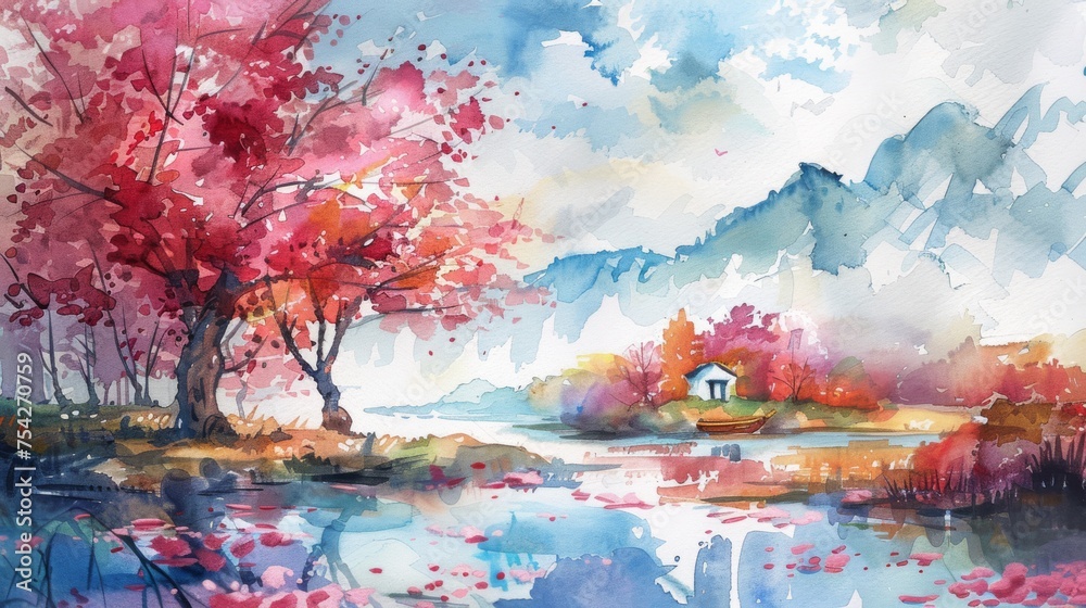 Watercolor painting of a serene landscape with vibrant red autumn trees, a tranquil lake, a quaint cottage, and distant mountains under a soft, pastel sky.