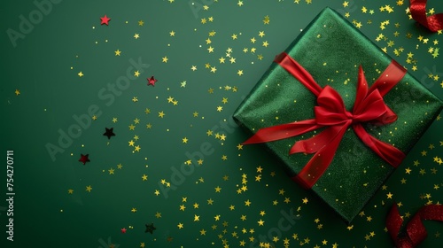 Elegant green gifts with red ribbons and sparkling gold glitter, against a dark green backdrop sprinkled with confetti and stars, suggest festive luxury and celebration.