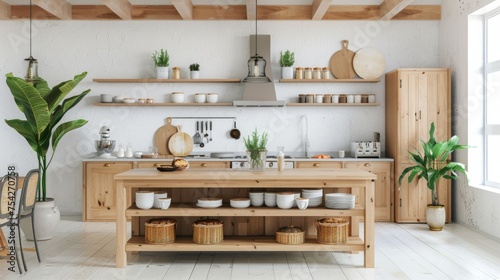 Rustic kitchen featuring a subway tile backsplash, hanging pots, and wood shelves with various herbs and spices, exuding warmth and functionality.