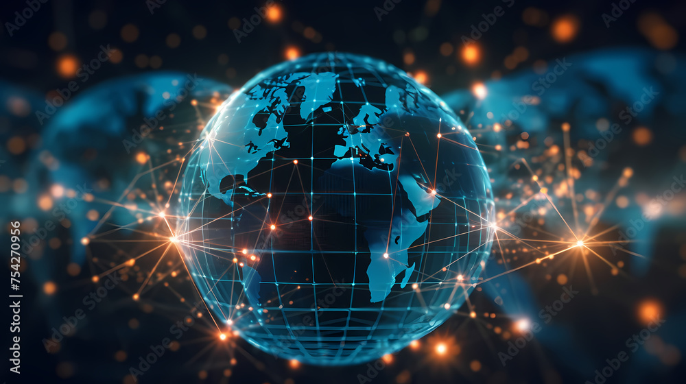 Illustration of digital earth with network lines and data points symbolizing global connectivity and information exchange on circuit board Illustration of digital earth with network lines and data points symbolizing global connectivity and information exchange on circuit board
