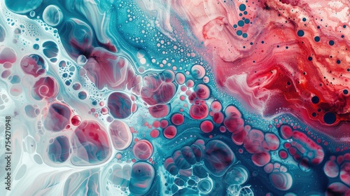 Red and blue hues mingle in a sea of organic patterns, reminiscent of cellular structures or marbled textures.