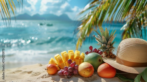 Tropical beach setting with fresh fruits and stylish summer hat