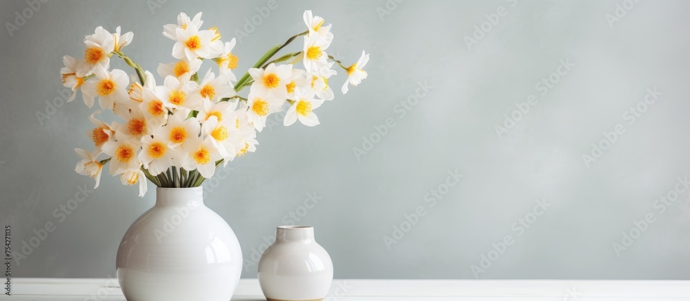 Two white vases are placed on top of a wooden table in a well-lit living room. The vases are empty and simple in design, adding a touch of elegance to the room.