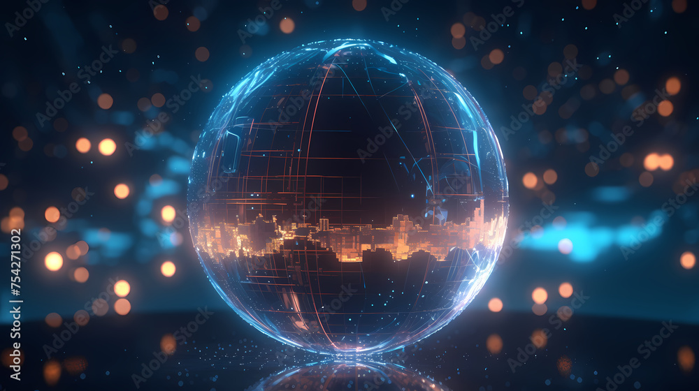 Obraz premium Illustration of digital earth with network lines and data points symbolizing global connectivity and information exchange on circuit board