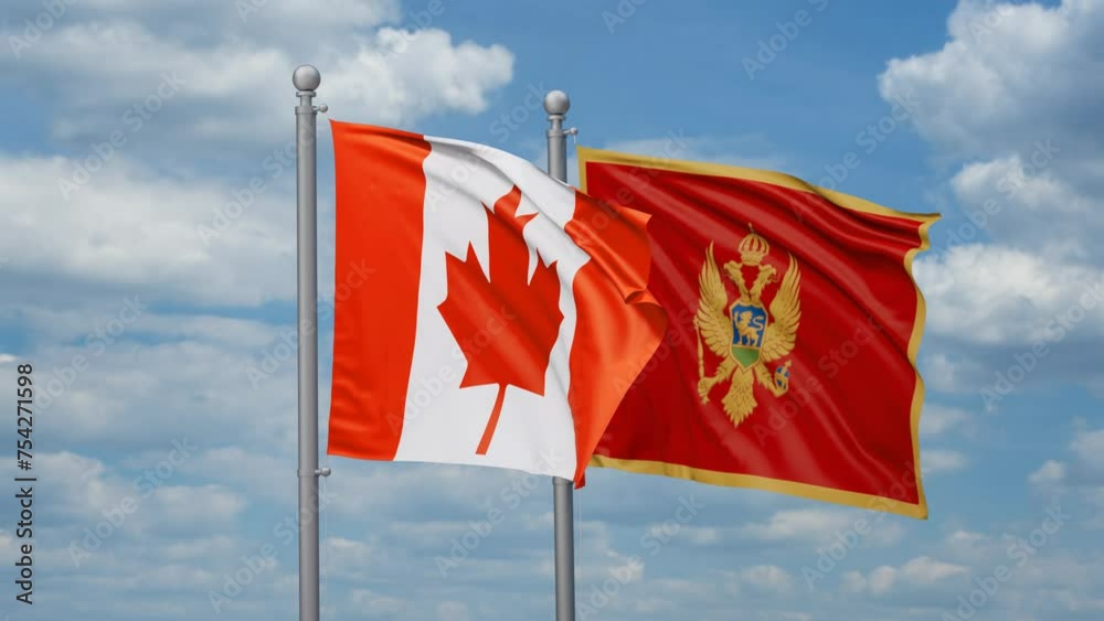 Montenegro and Canada two flags waving together, looped video, two country cooperation concept Montenegro and Canada two flags waving together, looped video, two country cooperation concept