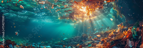 An underwater view of plastic waste floating in the ocean,  environmental issues,High plastic pollution in blue  Sea photo