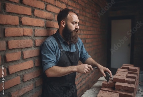 bricklaying. Worker checks erected brick wall with level