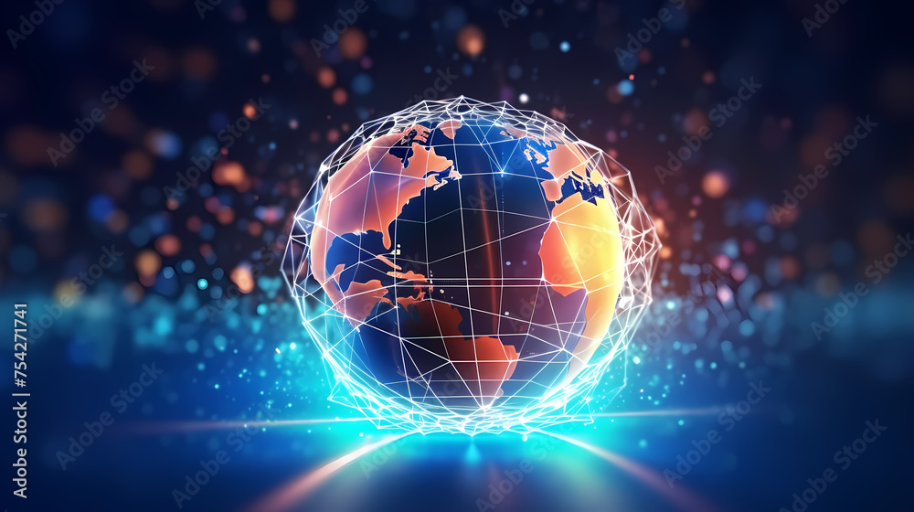 Obraz premium Illustration of digital earth with network lines and data points symbolizing global connectivity and information exchange on circuit board